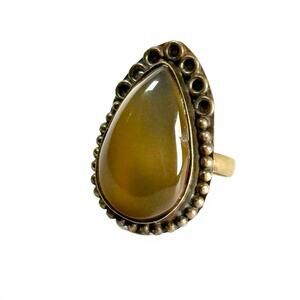 Vintage Brass Teardrop Agate Ring Size 7.5 Large Cabochon Statement Ring Boho